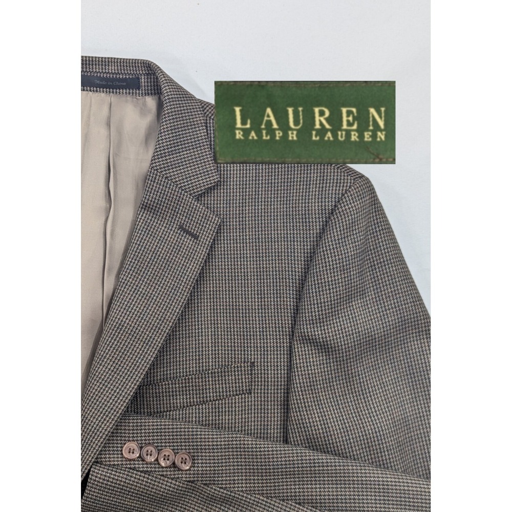 Ralph Lauren Blazer Sports Coat 100% Wool Brown‎ Houndstooth Jacket 42R 44" EUC